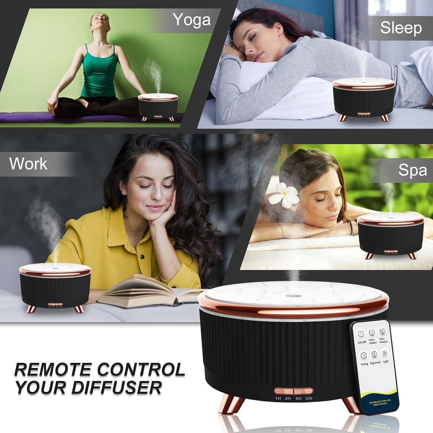 Diffusers for Essential Oils Large Room, 500Ml Aromatherapy Diffuser Cool Mist Humidifier with Remote Control,7 Colors Lights & 4 Mist Mode Waterless Auto off for Women Office Home