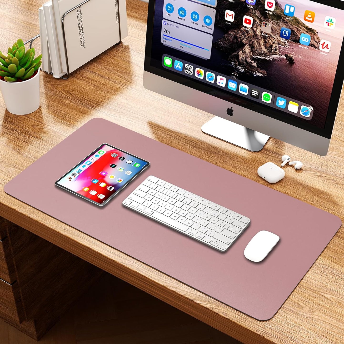 Leather Desk Pad Protector, Waterproof Mouse Pad, PU Desk Mat, Office Desk Cover, Desk Writing Mat for Office/Home/Work/Cubicle (Purple/Pink) 23.7X13.8 In