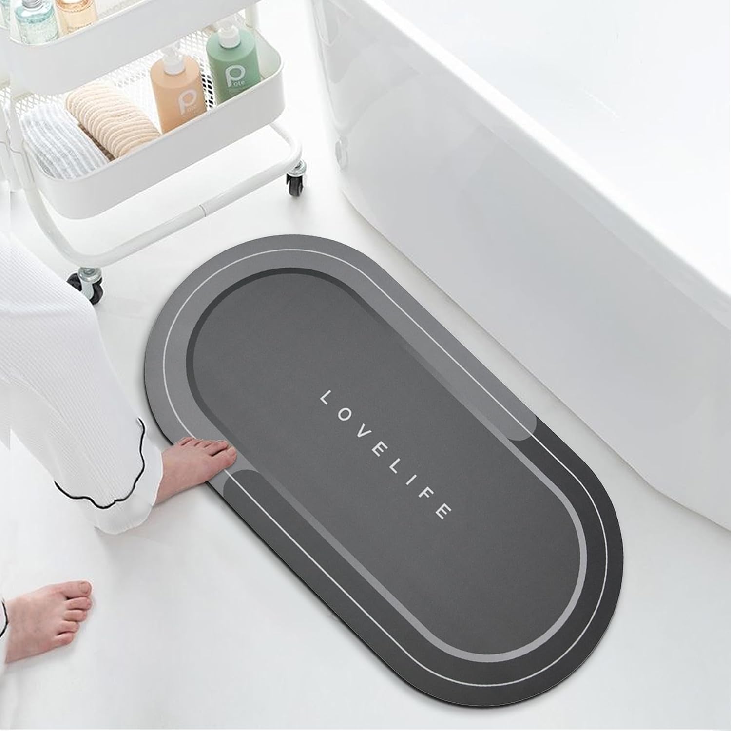 Rubber Bath Mats Quick-Drying Non-Slip Bathroom Mat Super Absorbent Bath Mat Instant Dry Bath Mat, Bathroom Rug in Front of the Kitchen Sink, Shower Room, Bathtub, Oval(Dark Grey+16.9X35.4In)